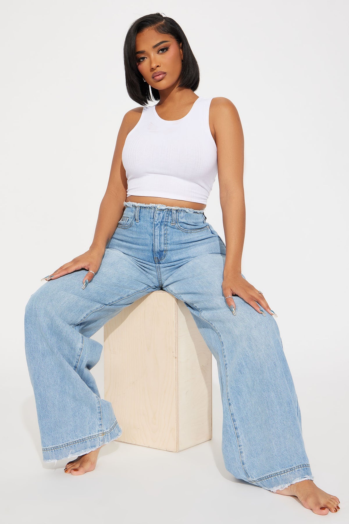 In Your Dreams Cut Off Waistband Baggy Jean